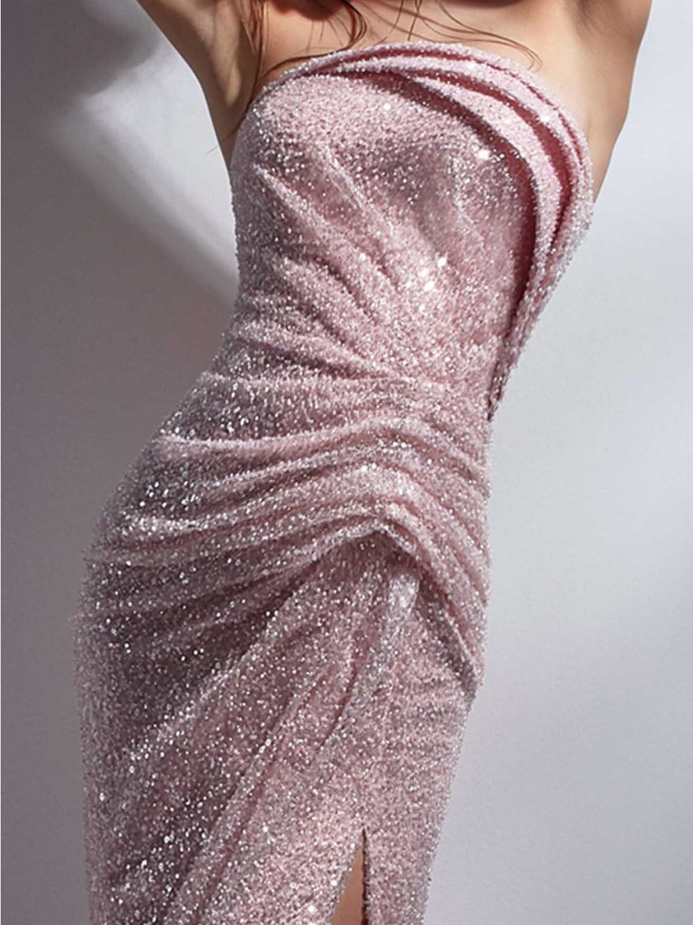 MNM Couture Strapless Sparkle Ruched Midi Dress in Light Pink